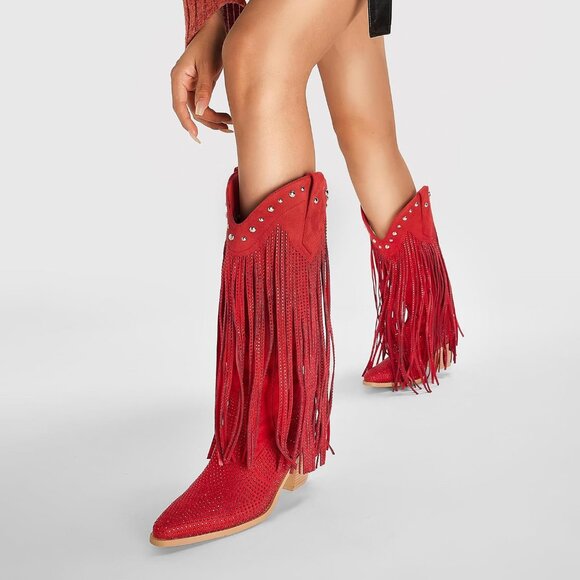 Red Rhinestone Cowgirl Boots Women Sparkly Western Mid Calf Chunky Heel Shoes - Picture 5 of 7